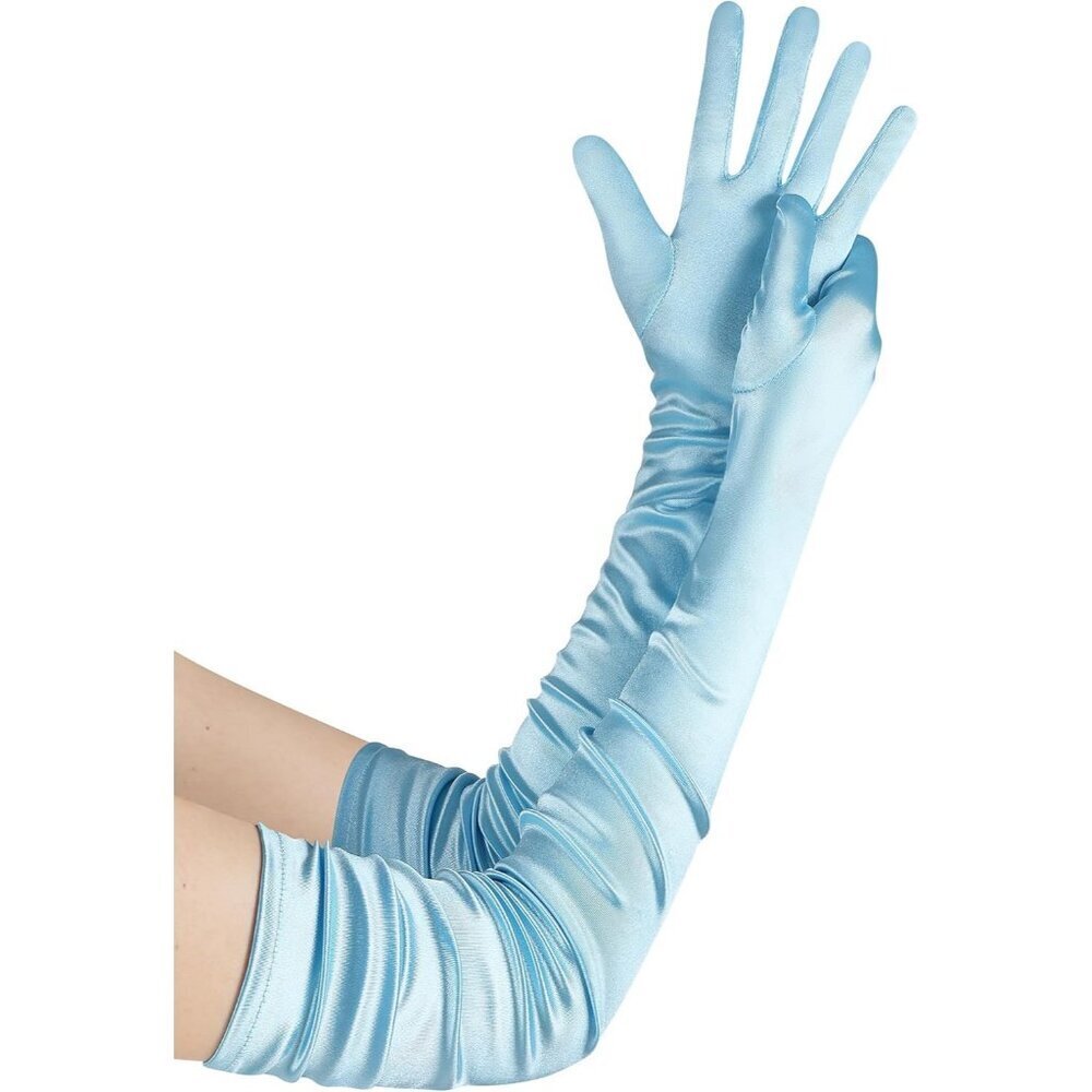 Women's Long Satin Gloves Baby Blue Stretchy Upper Arm Length Costume Design